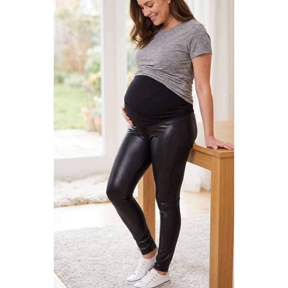 New Isabel Maternity High Gloss Faux Leather Legging Belly Panel Women's Small